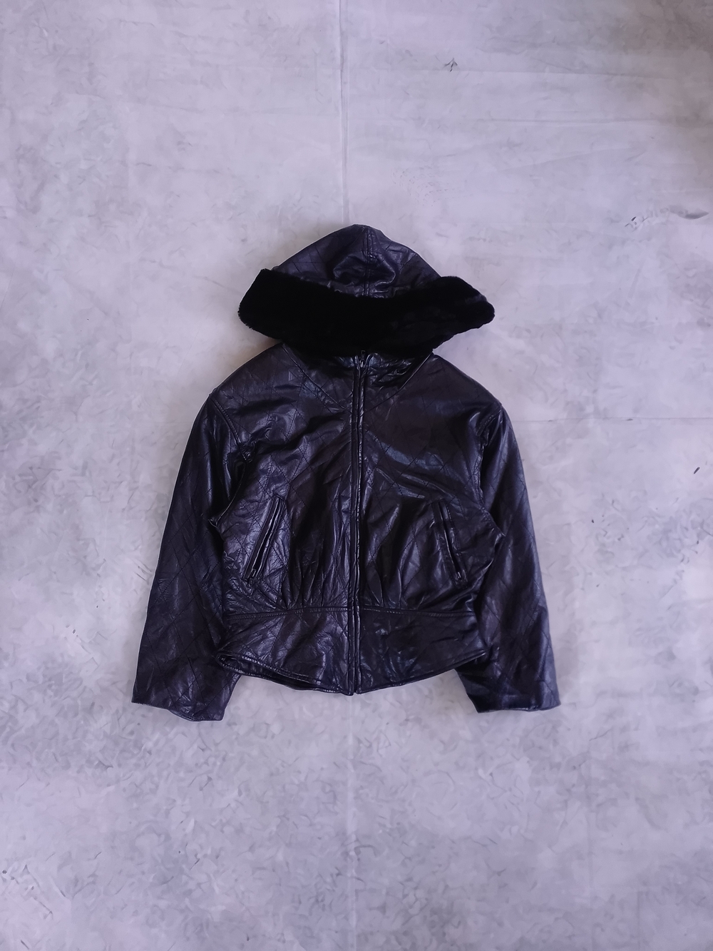 DANIER Black Leather Hooded Jacket with Faux Fur Trim